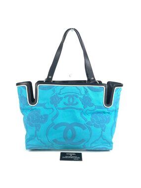 Chanel Shoulder Bag Logo CC Camellia Leather Canvas Blue Shape
